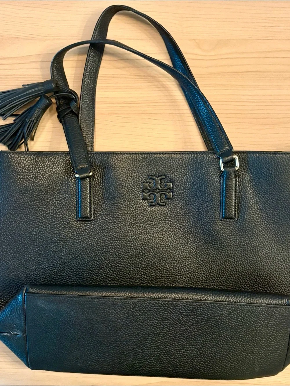 Tory Burch Black Pebbled Tote with Tassel